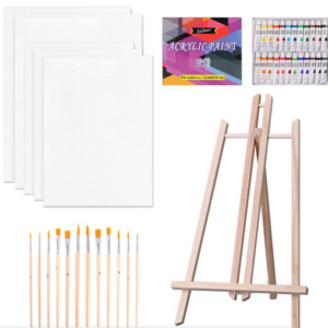 Art Easel Painting Kit with Acrylic Paints, Wooden Easel, Oil Painting Canvas